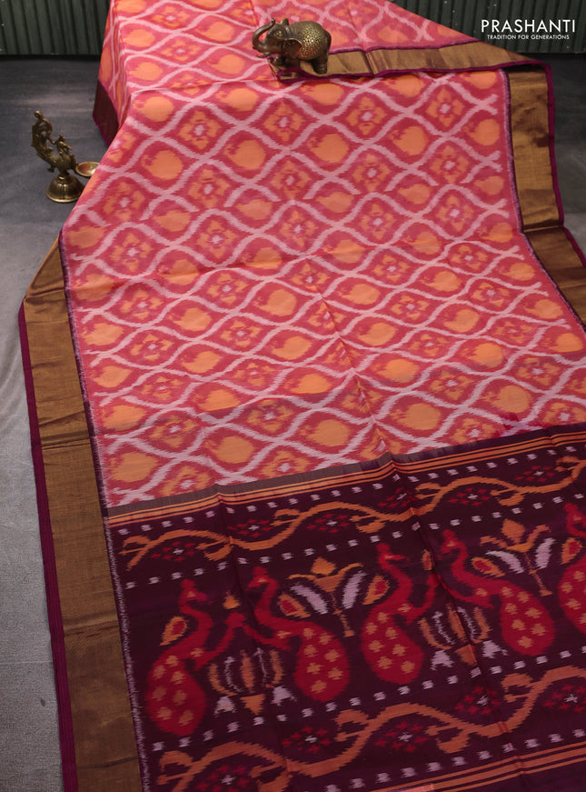 Ikat silk cotton saree peach maroon and dark magenta with allover ikat weaves and zari woven border