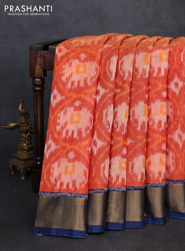 Ikat silk cotton saree orange and peacock blue with allover ikat weaves and zari woven border