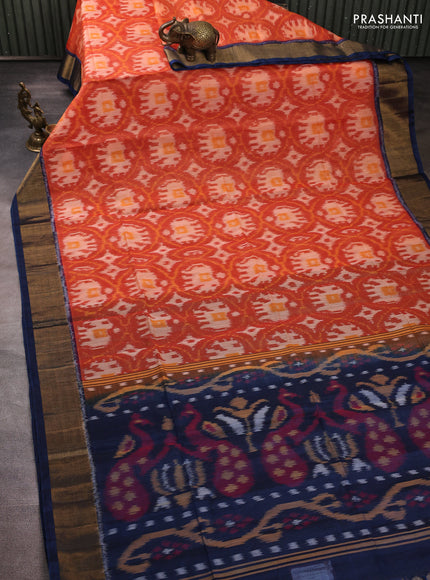 Ikat silk cotton saree orange and peacock blue with allover ikat weaves and zari woven border