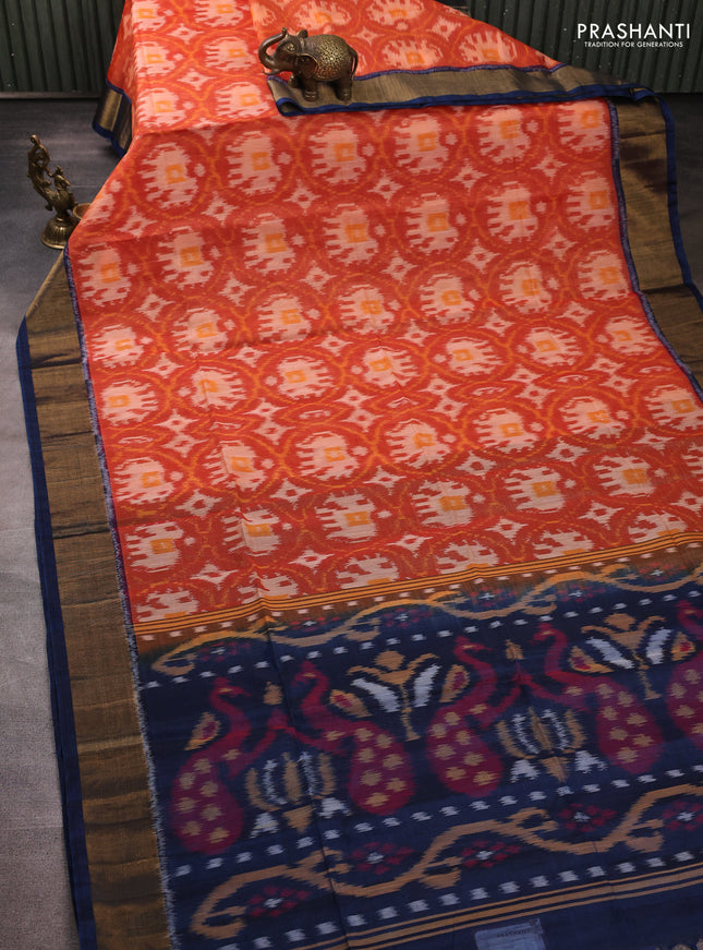 Ikat silk cotton saree orange and peacock blue with allover ikat weaves and zari woven border