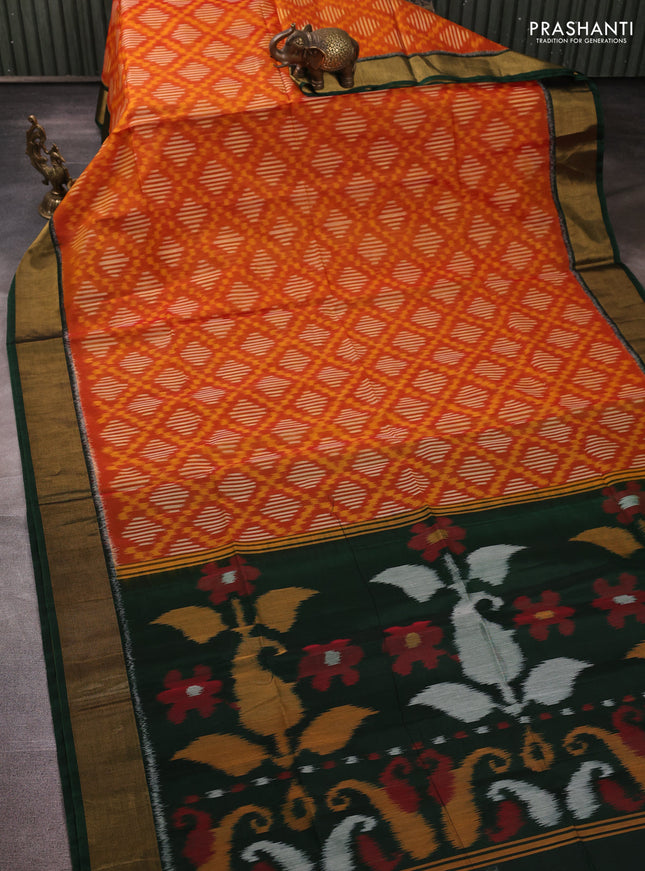 Ikat silk cotton saree orange and bottle green with allover ikat weaves and zari woven border