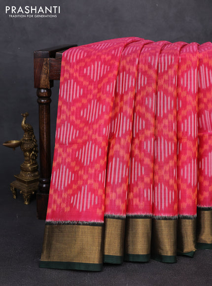 Ikat silk cotton saree peach pink and bottle green with allover ikat weaves and zari woven border