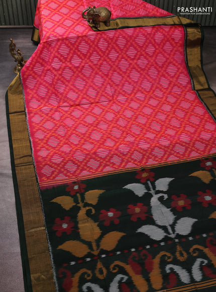 Ikat silk cotton saree peach pink and bottle green with allover ikat weaves and zari woven border