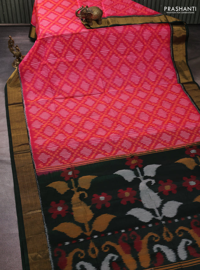 Ikat silk cotton saree peach pink and bottle green with allover ikat weaves and zari woven border