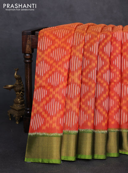 Ikat silk cotton saree orange and light green with allover ikat weaves and zari woven border