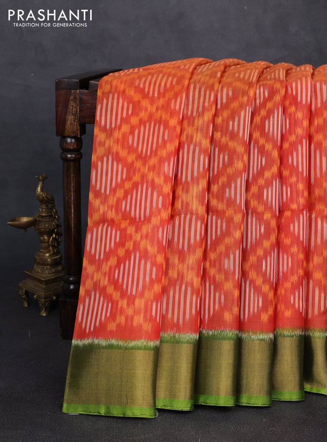 Ikat silk cotton saree orange and light green with allover ikat weaves and zari woven border