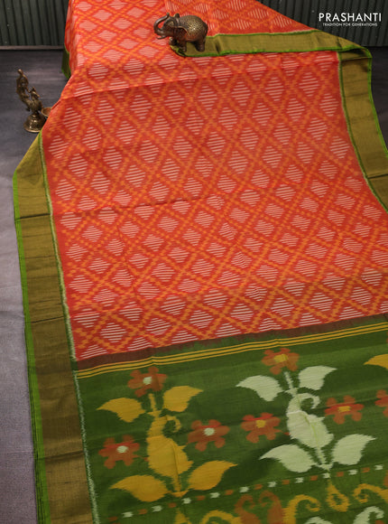 Ikat silk cotton saree orange and light green with allover ikat weaves and zari woven border