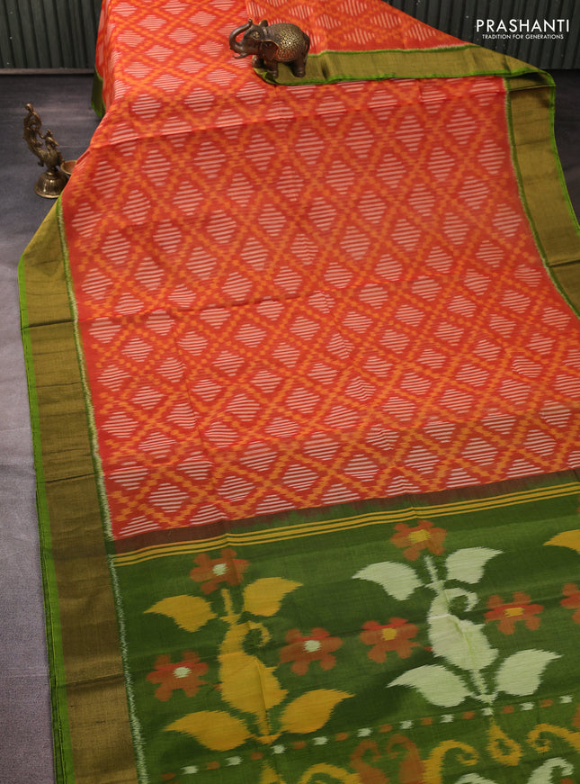 Ikat silk cotton saree orange and light green with allover ikat weaves and zari woven border