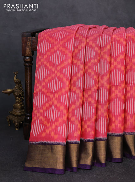 Ikat silk cotton saree pink and violet with allover ikat weaves and zari woven border