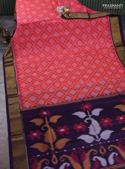 Ikat silk cotton saree pink and violet with allover ikat weaves and zari woven border