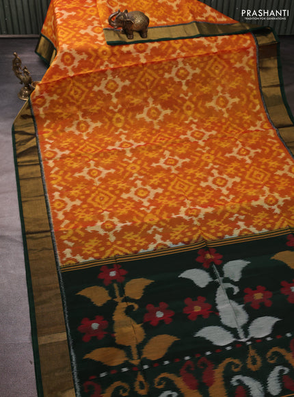 Ikat silk cotton saree orange and bottle green with allover ikat weaves and zari woven border