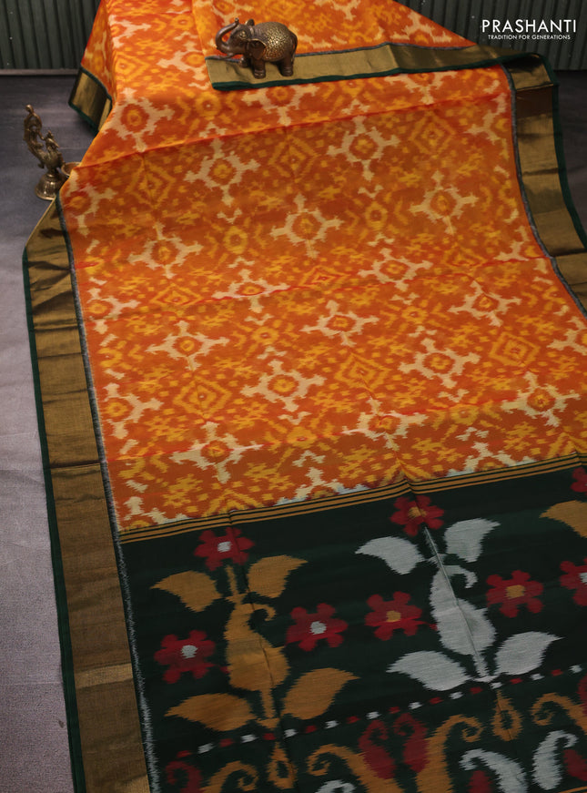 Ikat silk cotton saree orange and bottle green with allover ikat weaves and zari woven border