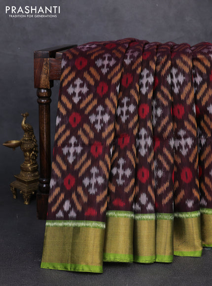 Ikat silk cotton saree coffee brown and light green with allover ikat weaves and zari woven border