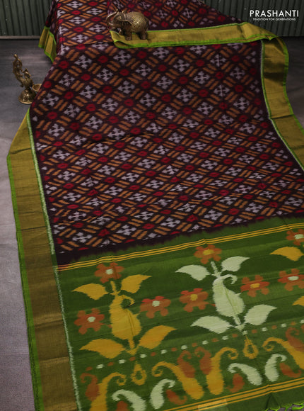 Ikat silk cotton saree coffee brown and light green with allover ikat weaves and zari woven border
