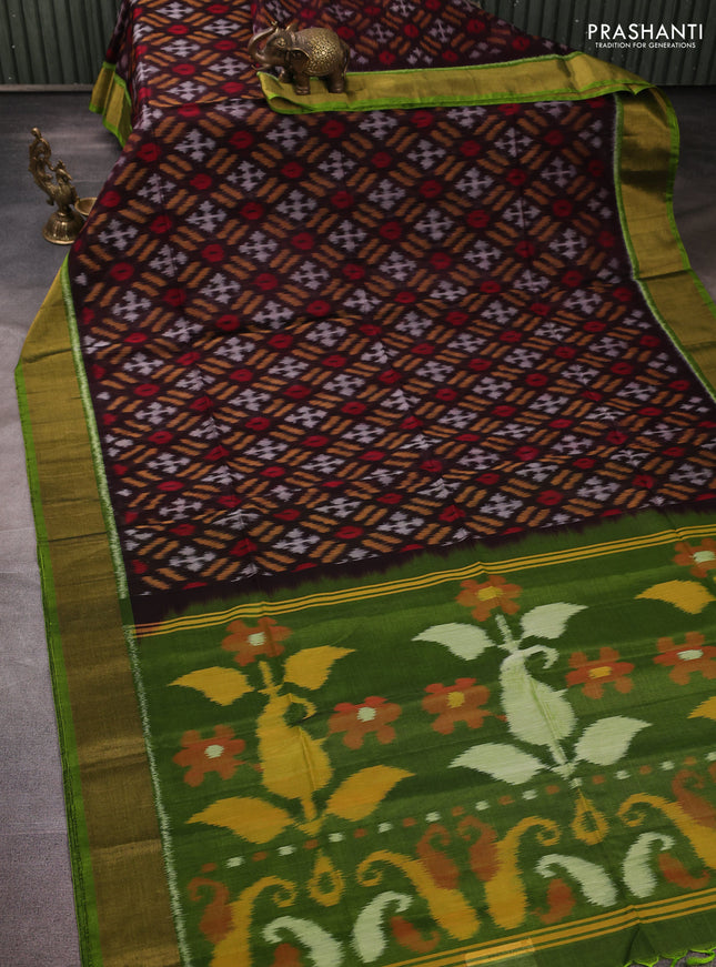 Ikat silk cotton saree coffee brown and light green with allover ikat weaves and zari woven border