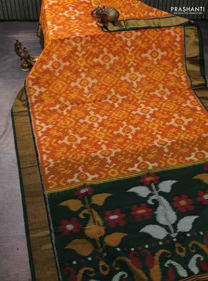 Ikat silk cotton saree orange and bottle green with allover ikat weaves and zari woven border