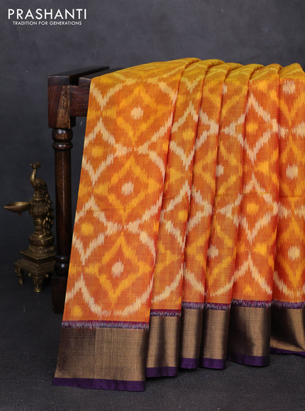 Ikat silk cotton saree orange and violet with allover ikat weaves and zari woven border