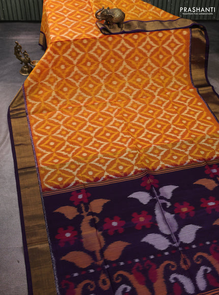 Ikat silk cotton saree orange and violet with allover ikat weaves and zari woven border