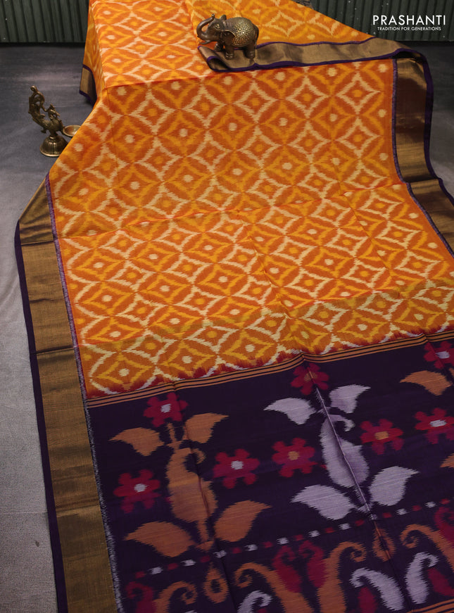 Ikat silk cotton saree orange and violet with allover ikat weaves and zari woven border