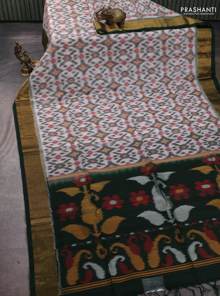 Ikat silk cotton saree grey and bottle green with allover ikat weaves and zari woven border