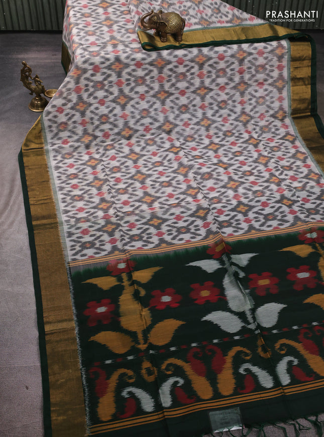 Ikat silk cotton saree grey and bottle green with allover ikat weaves and zari woven border