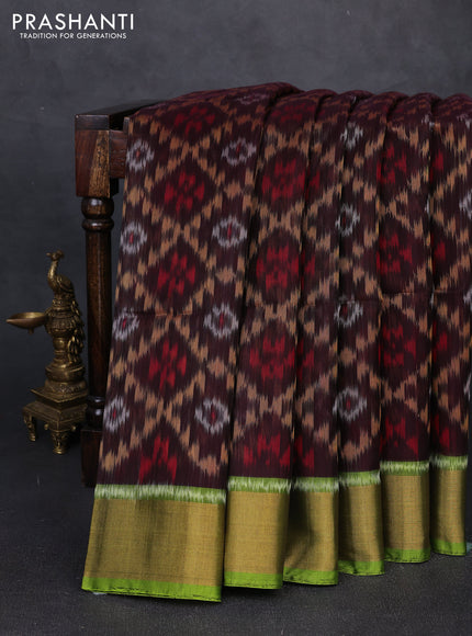 Ikat silk cotton saree coffee brown and light green with allover ikat weaves and zari woven border