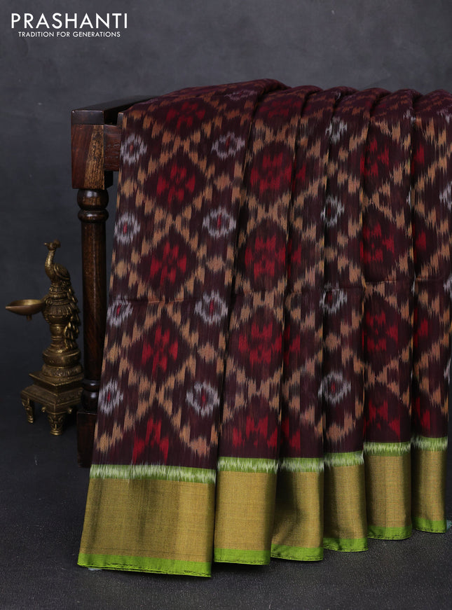 Ikat silk cotton saree coffee brown and light green with allover ikat weaves and zari woven border