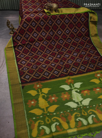 Ikat silk cotton saree coffee brown and light green with allover ikat weaves and zari woven border