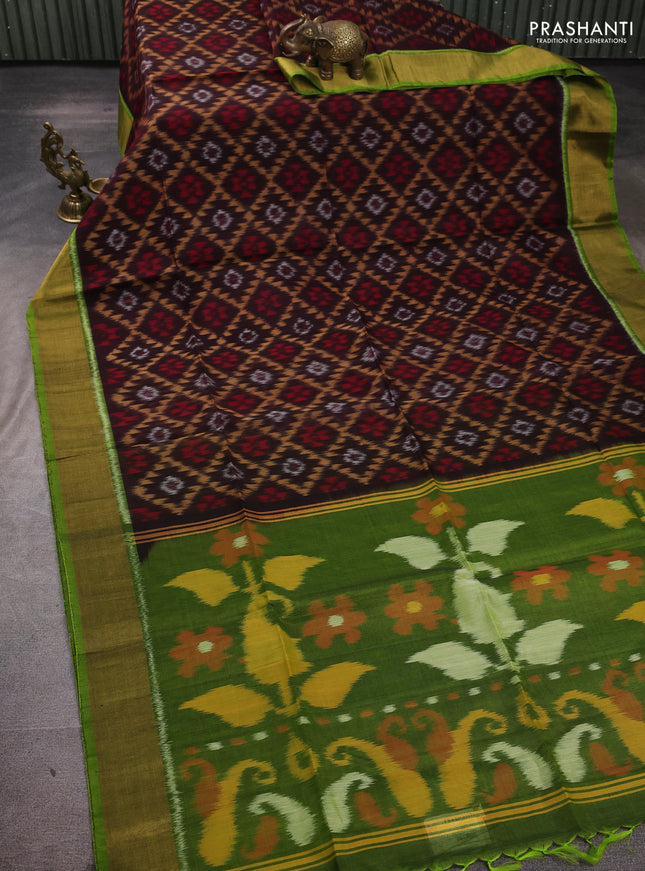 Ikat silk cotton saree coffee brown and light green with allover ikat weaves and zari woven border