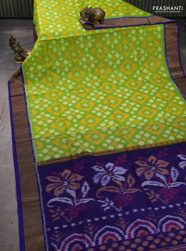 Ikat silk cotton saree light green and royal blue with allover ikat woven buttas and zari woven border