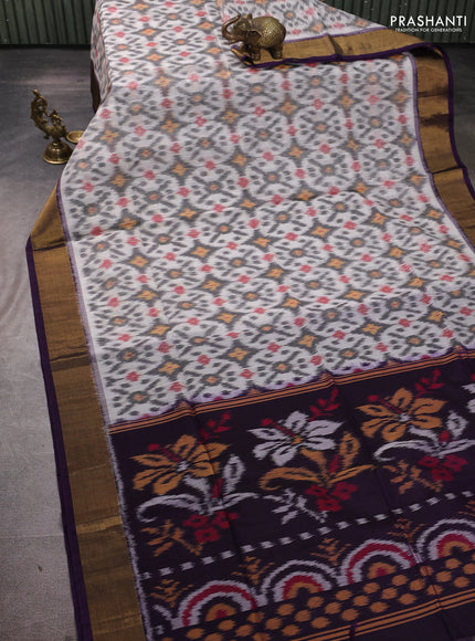 Ikat silk cotton saree grey and deep violet with allover ikat weaves and zari woven border