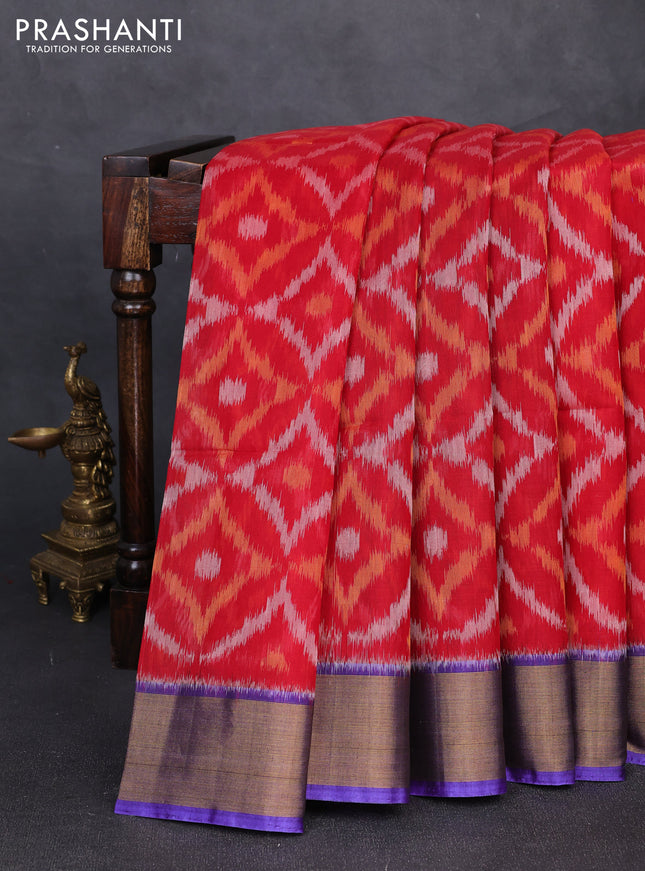 Ikat silk cotton saree maroon and violet with allover ikat weaves and zari woven border