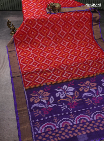 Ikat silk cotton saree maroon and violet with allover ikat weaves and zari woven border