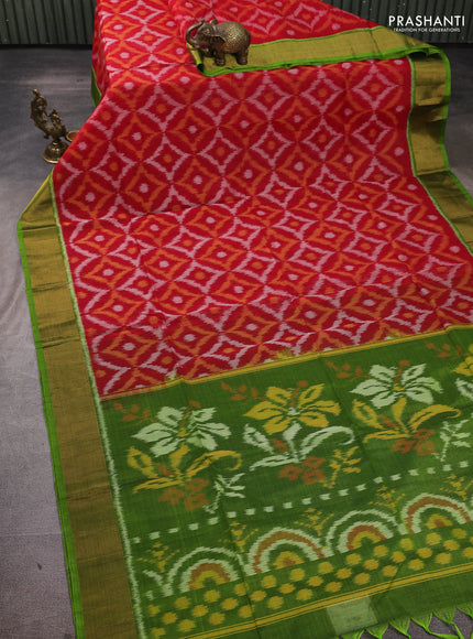 Ikat silk cotton saree red and light green with allover ikat weaves and zari woven border