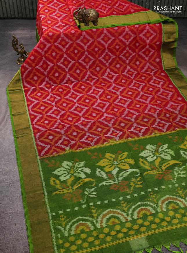 Ikat silk cotton saree red and light green with allover ikat weaves and zari woven border