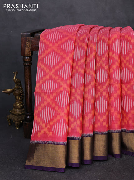 Ikat silk cotton saree pink and deep violet with allover ikat weaves and zari woven border