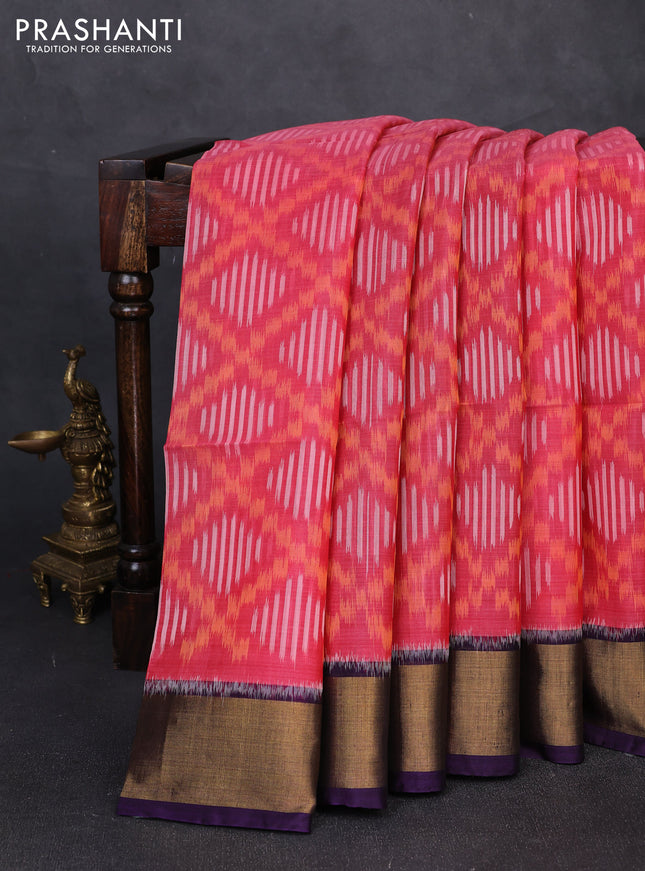 Ikat silk cotton saree pink and deep violet with allover ikat weaves and zari woven border