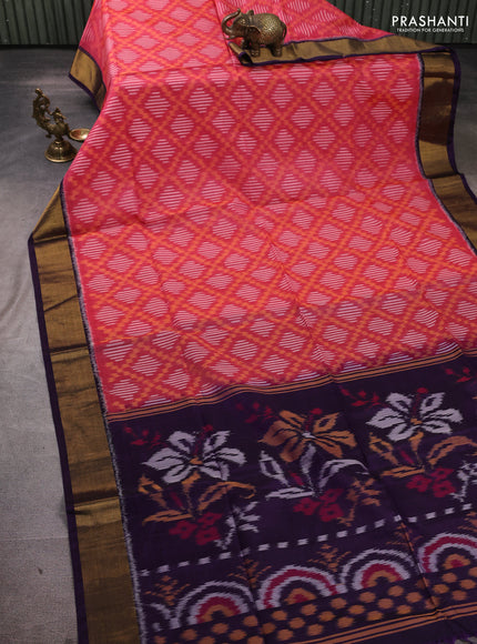 Ikat silk cotton saree pink and deep violet with allover ikat weaves and zari woven border