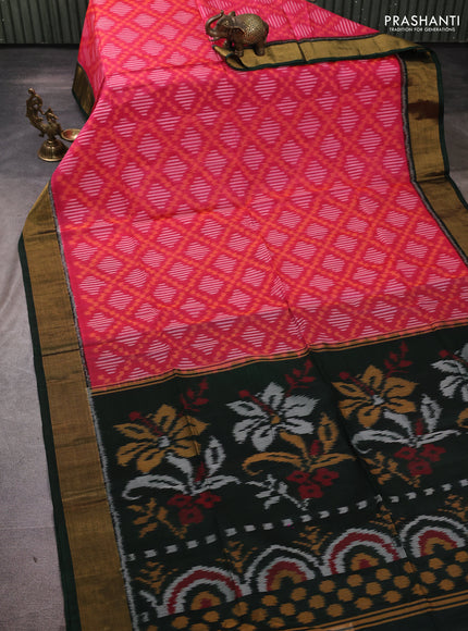 Ikat silk cotton saree pink and bottle green with allover ikat weaves and zari woven border