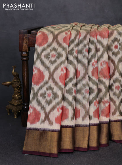 Ikat silk cotton saree beige maroon and deep wine shade with allover ikat weaves and zari woven border