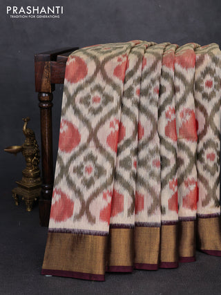 Ikat silk cotton saree beige maroon and deep wine shade with allover ikat weaves and zari woven border