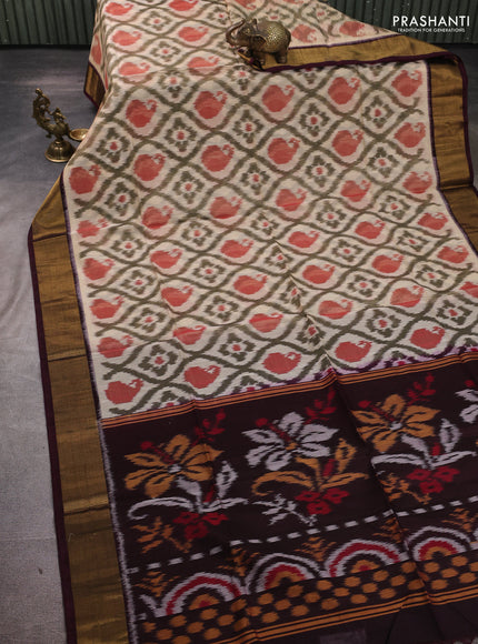 Ikat silk cotton saree beige maroon and deep wine shade with allover ikat weaves and zari woven border