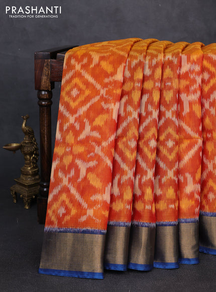 Ikat silk cotton saree orange and peacock blue with allover ikat weaves and zari woven border