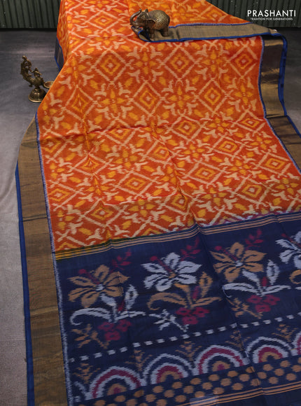 Ikat silk cotton saree orange and peacock blue with allover ikat weaves and zari woven border