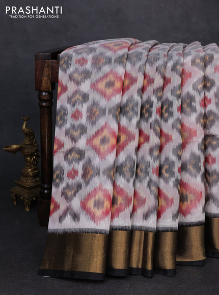 Ikat silk cotton saree grey and black with allover ikat weaves and zari woven border