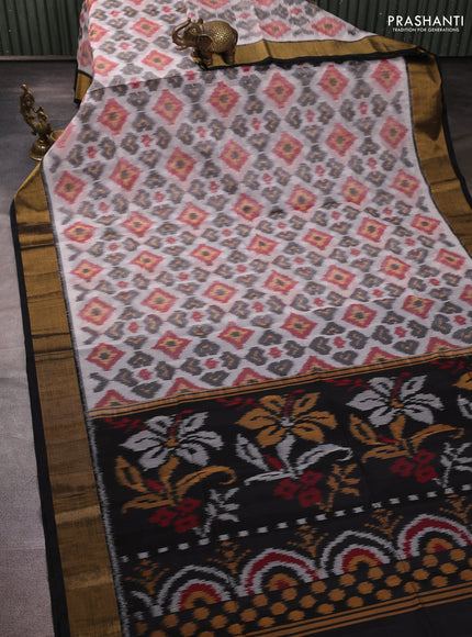Ikat silk cotton saree grey and black with allover ikat weaves and zari woven border