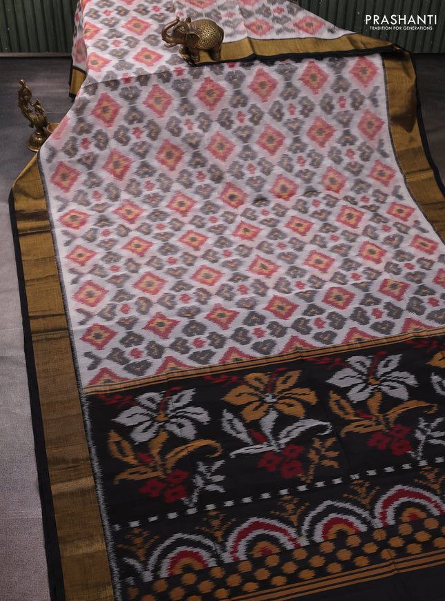 Ikat silk cotton saree grey and black with allover ikat weaves and zari woven border
