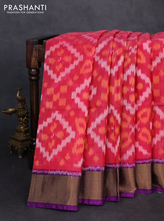 Ikat silk cotton saree pink shade and purple with allover ikat weaves and zari woven border