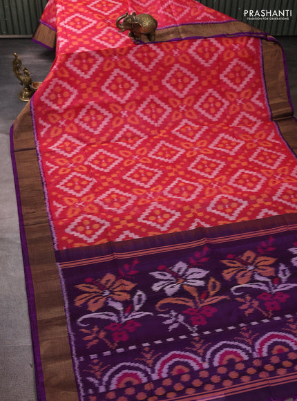 Ikat silk cotton saree pink shade and purple with allover ikat weaves and zari woven border