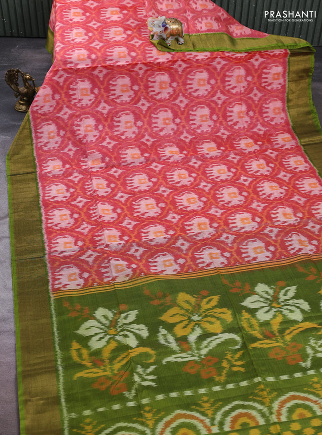 Ikat silk cotton saree red shade and light green with allover ikat weaves and zari woven border